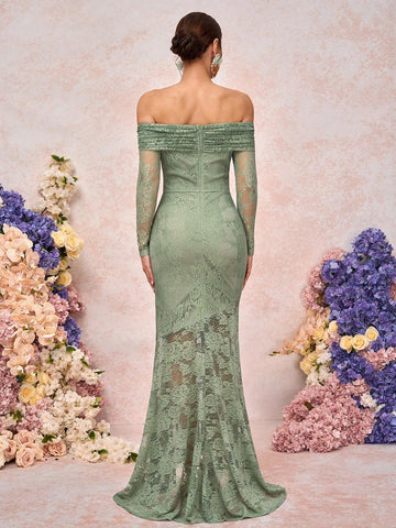 Elegant Romantic Pink Lace Off Shoulder Ruched Sleeve Asymmetrical Fishtail Dress, Suitable For Weddings, Bridesmaid Ceremonies, Formal Parties, Vacation