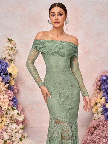 Elegant Romantic Pink Lace Off Shoulder Ruched Sleeve Asymmetrical Fishtail Dress, Suitable For Weddings, Bridesmaid Ceremonies, Formal Parties, Vacation