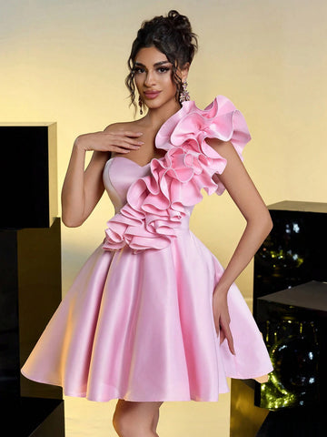 Elegant Romantic Pink Satin Ruffles One Shoulder Princess Dress Back Panel Adjustable Straps Date Birthday Party Wedding Event Bachelorette Party Prom Dress