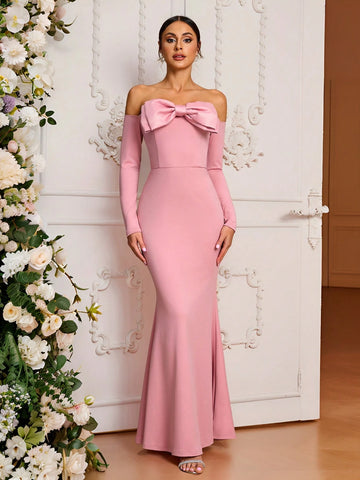 Elegant Romantic Pink Stretch Knit Fabric Three-Dimensional Bow Off-Shoulder Long Sleeves Waist Fishtail Bridesmaid Dress