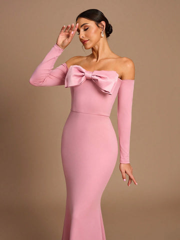 Elegant Romantic Pink Stretch Knit Fabric Three-Dimensional Bow Off-Shoulder Long Sleeves Waist Fishtail Bridesmaid Dress