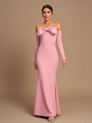 Elegant Romantic Pink Stretch Knit Fabric Three-Dimensional Bow Off-Shoulder Long Sleeves Waist Fishtail Bridesmaid Dress