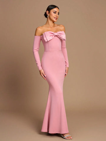 Elegant Romantic Pink Stretch Knit Fabric Three-Dimensional Bow Off-Shoulder Long Sleeves Waist Fishtail Bridesmaid Dress