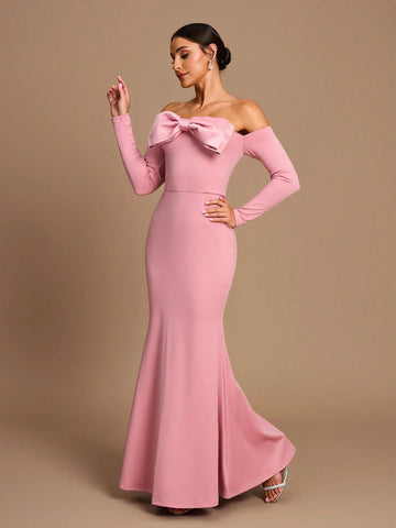 Elegant Romantic Pink Stretch Knit Fabric Three-Dimensional Bow Off-Shoulder Long Sleeves Waist Fishtail Bridesmaid Dress