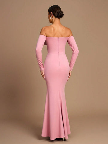 Elegant Romantic Pink Stretch Knit Fabric Three-Dimensional Bow Off-Shoulder Long Sleeves Waist Fishtail Bridesmaid Dress