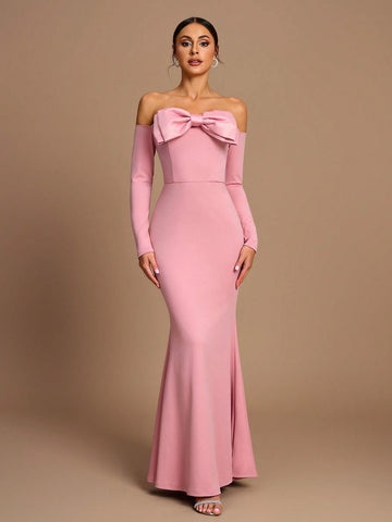 Elegant Romantic Pink Stretch Knit Fabric Three-Dimensional Bow Off-Shoulder Long Sleeves Waist Fishtail Bridesmaid Dress