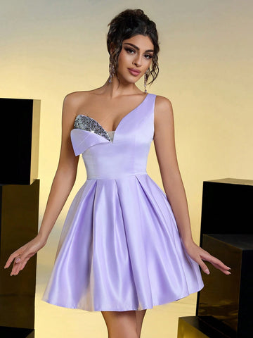 Elegant Romantic Purple Satin Sequin One Shoulder Strapless Waist Party Prom Dress