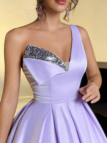 Elegant Romantic Purple Satin Sequin One Shoulder Strapless Waist Party Prom Dress
