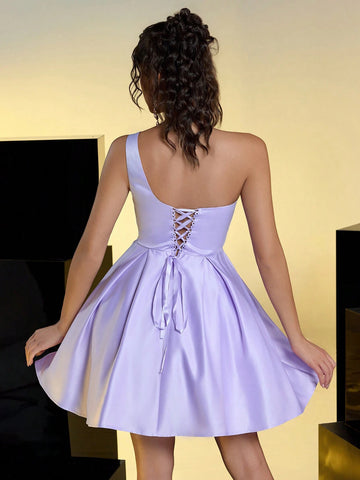 Elegant Romantic Purple Satin Sequin One Shoulder Strapless Waist Party Prom Dress