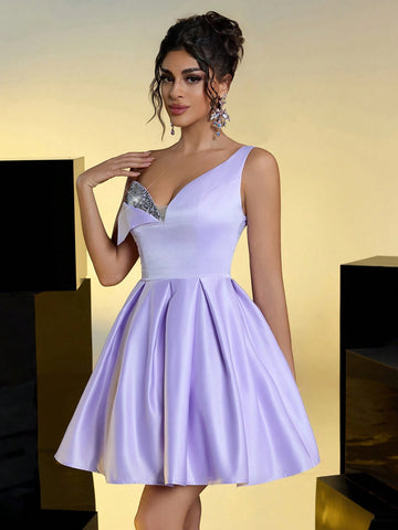 Elegant Romantic Purple Satin Sequin One Shoulder Strapless Waist Party Prom Dress