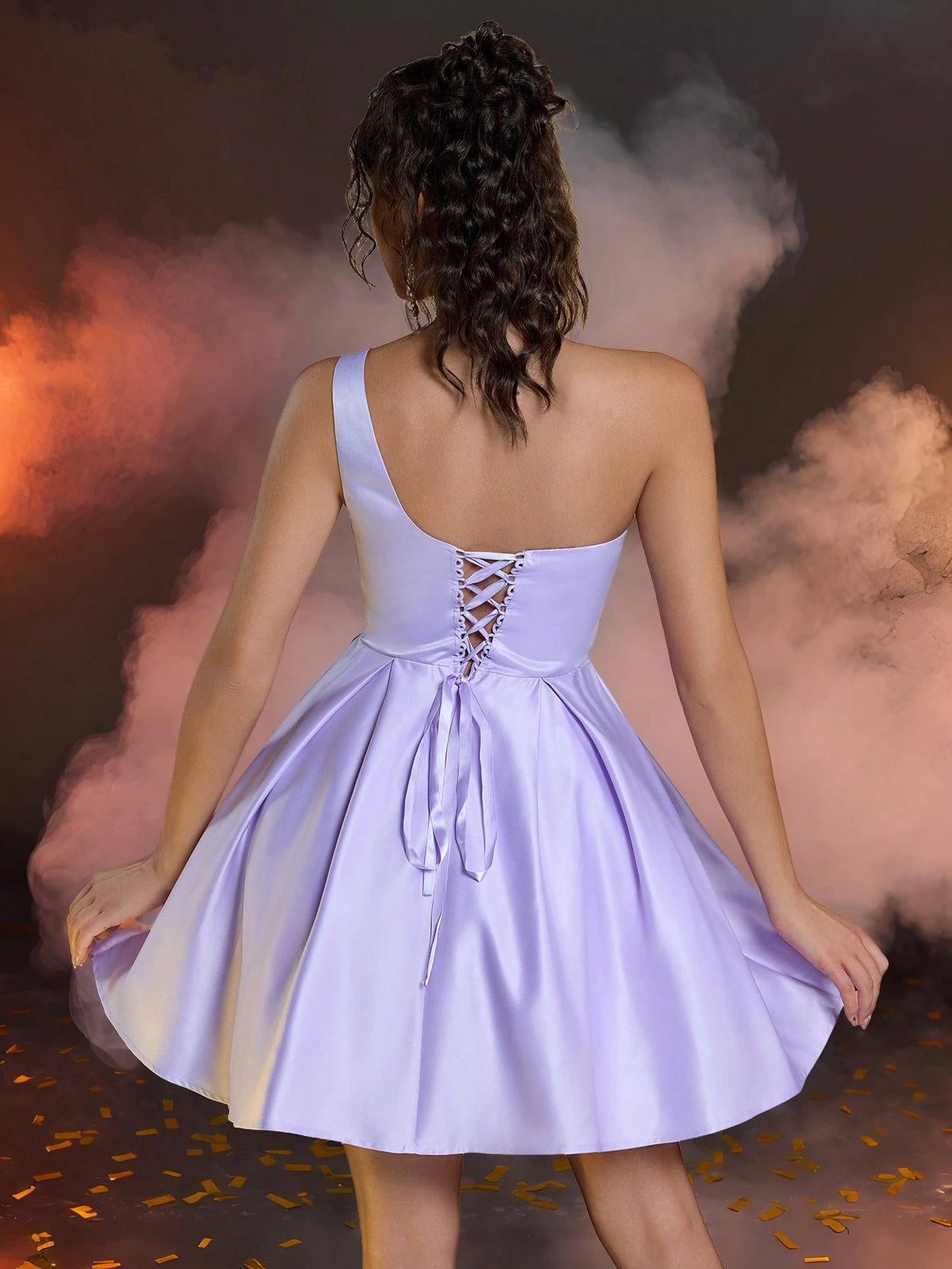 Elegant Romantic Purple Satin Sequin One Shoulder Strapless Waist Party Prom Dress
