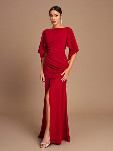 Elegant, Romantic, Red, Round Neck, Ruffled Sleeves, Gathered And Slim Fit, Micro Fishtail, Side Slits, Bridesmaid Dress