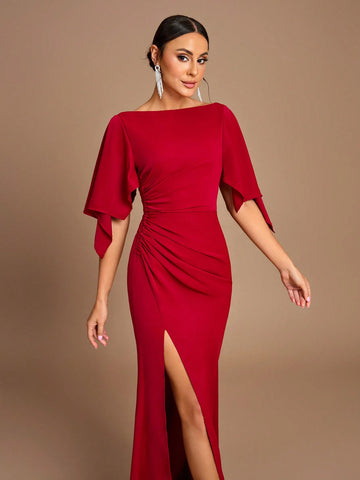Elegant, Romantic, Red, Round Neck, Ruffled Sleeves, Gathered And Slim Fit, Micro Fishtail, Side Slits, Bridesmaid Dress