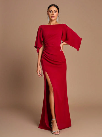 Elegant, Romantic, Red, Round Neck, Ruffled Sleeves, Gathered And Slim Fit, Micro Fishtail, Side Slits, Bridesmaid Dress