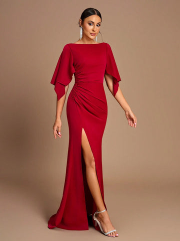 Elegant, Romantic, Red, Round Neck, Ruffled Sleeves, Gathered And Slim Fit, Micro Fishtail, Side Slits, Bridesmaid Dress
