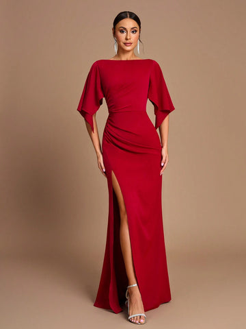 Elegant, Romantic, Red, Round Neck, Ruffled Sleeves, Gathered And Slim Fit, Micro Fishtail, Side Slits, Bridesmaid Dress