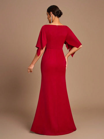 Elegant, Romantic, Red, Round Neck, Ruffled Sleeves, Gathered And Slim Fit, Micro Fishtail, Side Slits, Bridesmaid Dress