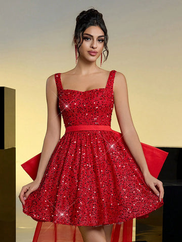Elegant Romantic Red Sequined Spaghetti Straps Waist Backless Oversized Bow Tail Holiday Christmas Party Birthday Prom Dress