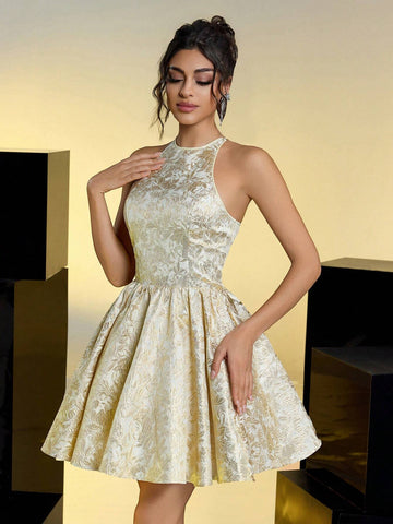 Elegant, Romantic, Sexy, Gold Jacquard, Backless, Tie, Waist, Birthday Party, Christmas Ball Dress
