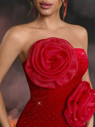 Elegant Romantic Sexy Red Glitter Velvet Organza Three-Dimensional Flower Off-Shoulder Tube Top Slim Party Cocktail Dress