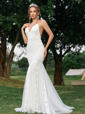Elegant, Romantic, Soft And Elegant, Sweet, Cute, Beautiful And Charming, Volume-Rich Fishtail Hem, Extra-Long Tail Vacation Travel Wedding Bohemian Style Seaside Wedding Outdoor Wedding Lawn Wedding Formal Wedding Bridal Wedding Dress