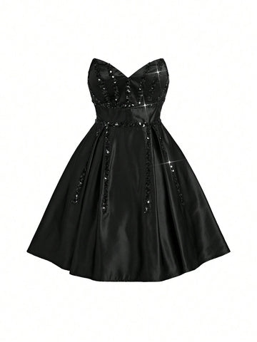 Elegant, Romantic, Sweet And Cute, Fashionable Woman, Classic Black Tube Vacation Travel Party, Wedding Guest, Bachelorette Party, Back To School Season, Cocktail Party Dress