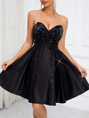 Elegant, Romantic, Sweet And Cute, Fashionable Woman, Classic Black Tube Vacation Travel Party, Wedding Guest, Bachelorette Party, Back To School Season, Cocktail Party Dress