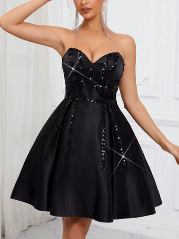 Elegant, Romantic, Sweet And Cute, Fashionable Woman, Classic Black Tube Vacation Travel Party, Wedding Guest, Bachelorette Party, Back To School Season, Cocktail Party Dress