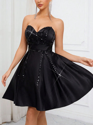 Elegant, Romantic, Sweet And Cute, Fashionable Woman, Classic Black Tube Vacation Travel Party, Wedding Guest, Bachelorette Party, Back To School Season, Cocktail Party Dress