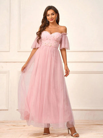 Elegant, Romantic, Charming & Fashionable Women's Pink Mesh Embroidery Off Shoulder Outdoor & Formal Weddings, Bridesmaid Dress