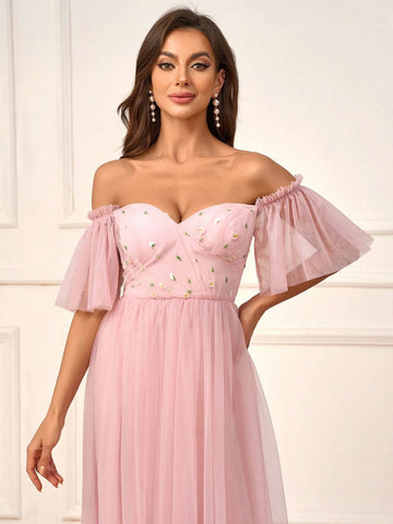 Elegant, Romantic, Charming & Fashionable Women's Pink Mesh Embroidery Off Shoulder Outdoor & Formal Weddings, Bridesmaid Dress