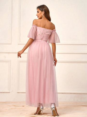 Elegant, Romantic, Charming & Fashionable Women's Pink Mesh Embroidery Off Shoulder Outdoor & Formal Weddings, Bridesmaid Dress