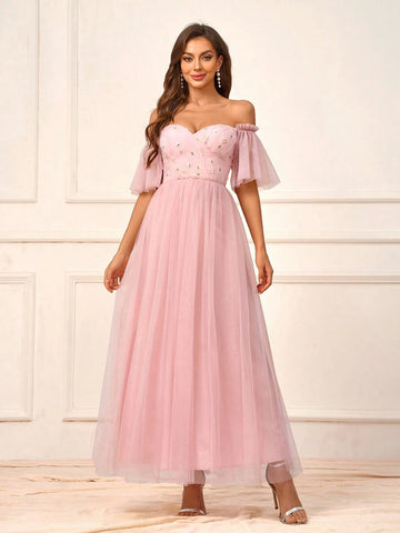 Elegant, Romantic, Charming & Fashionable Women's Pink Mesh Embroidery Off Shoulder Outdoor & Formal Weddings, Bridesmaid Dress