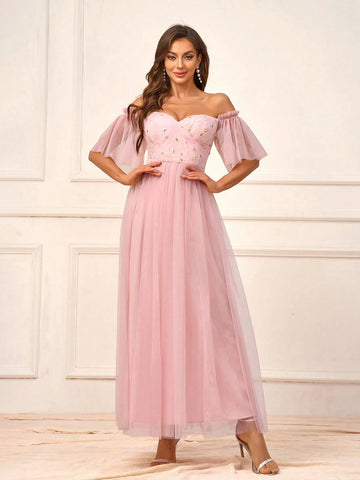 Elegant, Romantic, Charming & Fashionable Women's Pink Mesh Embroidery Off Shoulder Outdoor & Formal Weddings, Bridesmaid Dress