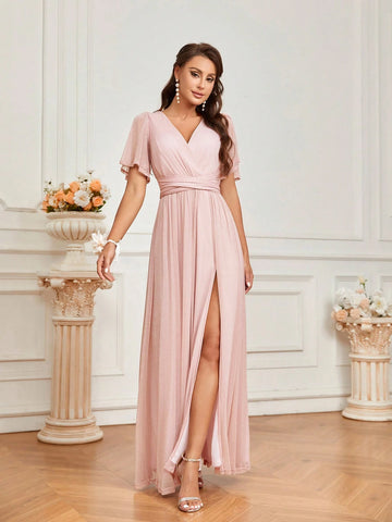 Elegant Romantic Tulip Pink Stretch Mesh Bodice Crossover Detailed Back Lace Bow Hem And Front Slit, Elegant For Weddings, Festivals, Vacations, Parties, Short Sleeve Lace Up Bridesmaid Dresses (Adults)