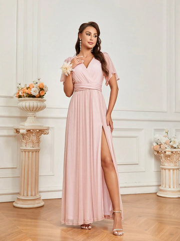 Elegant Romantic Tulip Pink Stretch Mesh Bodice Crossover Detailed Back Lace Bow Hem And Front Slit, Elegant For Weddings, Festivals, Vacations, Parties, Short Sleeve Lace Up Bridesmaid Dresses (Adults)