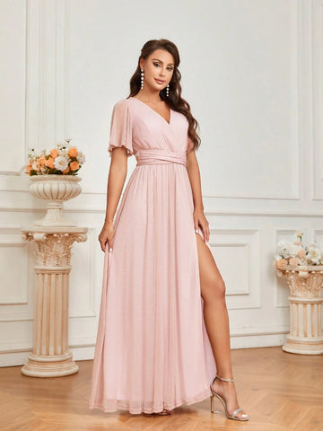 Elegant Romantic Tulip Pink Stretch Mesh Bodice Crossover Detailed Back Lace Bow Hem And Front Slit, Elegant For Weddings, Festivals, Vacations, Parties, Short Sleeve Lace Up Bridesmaid Dresses (Adults)