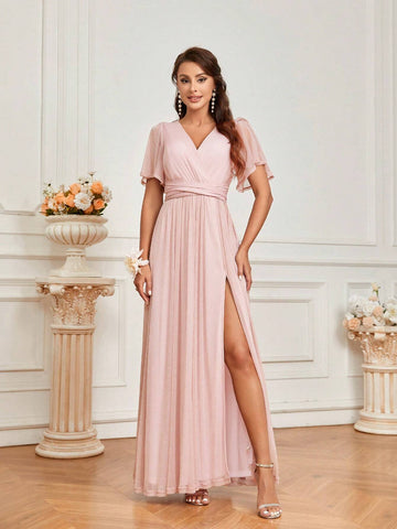 Elegant Romantic Tulip Pink Stretch Mesh Bodice Crossover Detailed Back Lace Bow Hem And Front Slit, Elegant For Weddings, Festivals, Vacations, Parties, Short Sleeve Lace Up Bridesmaid Dresses (Adults)