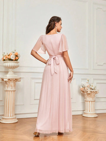 Elegant Romantic Tulip Pink Stretch Mesh Bodice Crossover Detailed Back Lace Bow Hem And Front Slit, Elegant For Weddings, Festivals, Vacations, Parties, Short Sleeve Lace Up Bridesmaid Dresses (Adults)