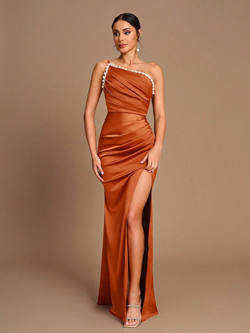 Elegant Rust Brown One-Shoulder Large Pearl Woven And Pleated Slim Fishtail Hem High Slit Suitable For Date Wedding Formal Bridesmaid Dress