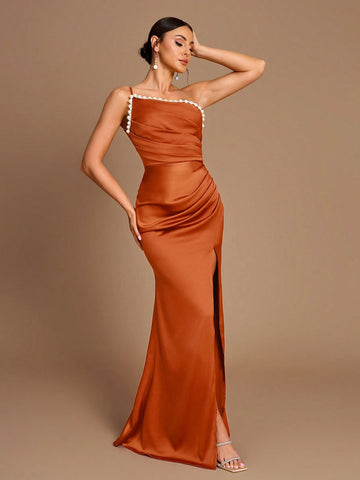 Elegant Rust Brown One-Shoulder Large Pearl Woven And Pleated Slim Fishtail Hem High Slit Suitable For Date Wedding Formal Bridesmaid Dress