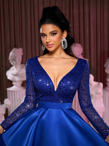 Elegant Sapphire Blue Beaded Sequin Stitching Glossy Satin V-Neck See-Through Long-Sleeved Waist Slimming Hem Double-Layer A-Line Tutu Skirt Ball Gown