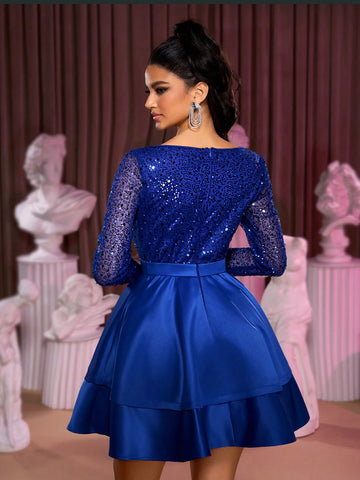 Elegant Sapphire Blue Beaded Sequin Stitching Glossy Satin V-Neck See-Through Long-Sleeved Waist Slimming Hem Double-Layer A-Line Tutu Skirt Ball Gown