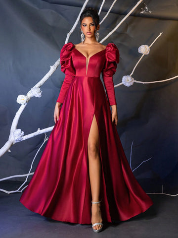Elegant Satin Burgundy Gigot Sleeve Mesh V-Neck Boned High Waist Flared Maxi Formal Dress With Side High Slit