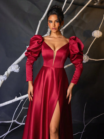 Elegant Satin Burgundy Gigot Sleeve Mesh V-Neck Boned High Waist Flared Maxi Formal Dress With Side High Slit