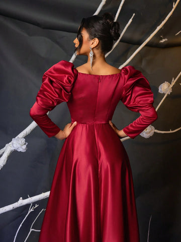 Elegant Satin Burgundy Gigot Sleeve Mesh V-Neck Boned High Waist Flared Maxi Formal Dress With Side High Slit