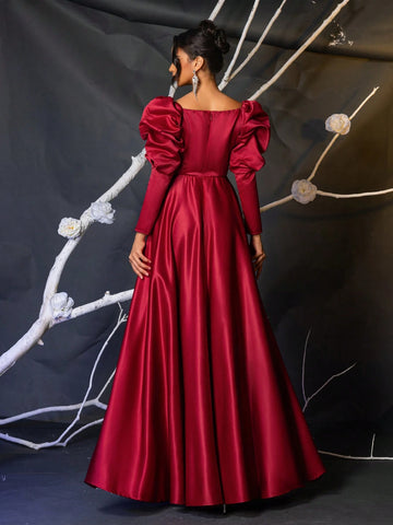 Elegant Satin Burgundy Gigot Sleeve Mesh V-Neck Boned High Waist Flared Maxi Formal Dress With Side High Slit