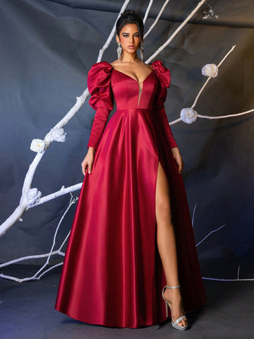 Elegant Satin Burgundy Gigot Sleeve Mesh V-Neck Boned High Waist Flared Maxi Formal Dress With Side High Slit