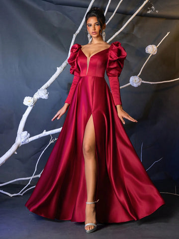 Elegant Satin Burgundy Gigot Sleeve Mesh V-Neck Boned High Waist Flared Maxi Formal Dress With Side High Slit