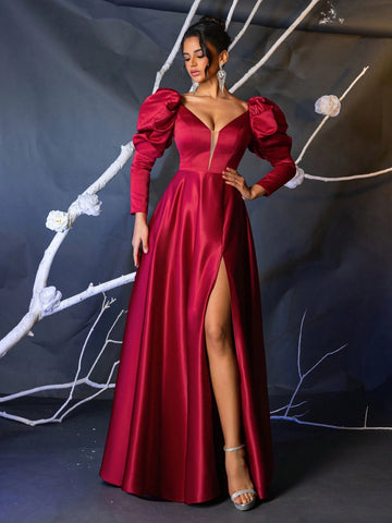 Elegant Satin Burgundy Gigot Sleeve Mesh V-Neck Boned High Waist Flared Maxi Formal Dress With Side High Slit
